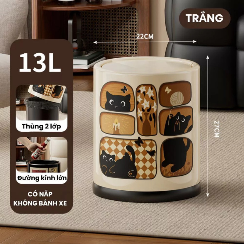 Thùng Rác Có Nắp Đậy – Họa Tiết Đáng Yêu Phong Cách Nhật Bản/Ukiyo-e, Chất Liệu Nhựa ABS Bền Đẹp DINO