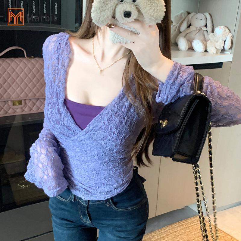 Áo thun nữ gợi cảm ren cổ chữ V tay dài, thiết kế slim mới