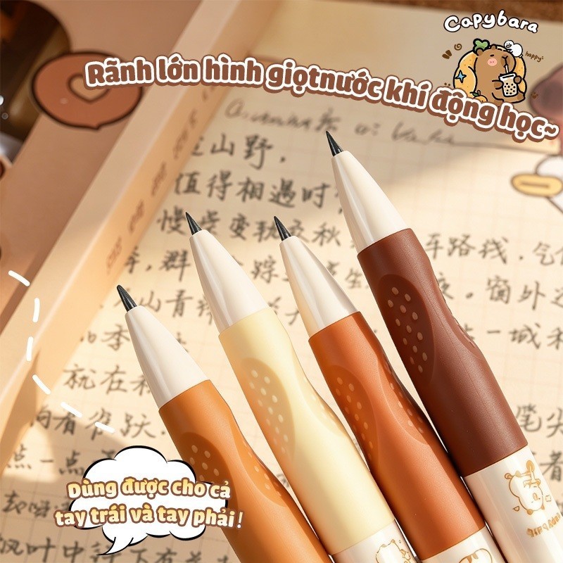 Bút Chì Kim Cho Bé Lớp 1 Capybara Cute, Set 4 Bút Chì Bấm 2.0mm Kèm Tẩy Xinh Xắn