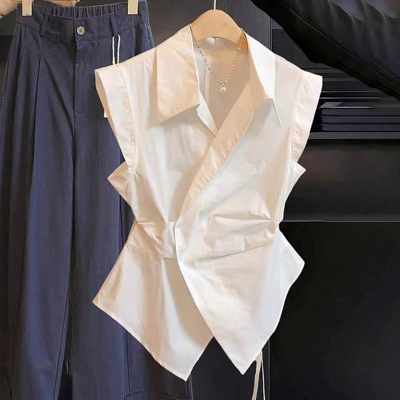 Springevenstar Pháp Tính Khí Ve Áo Áo Sơ Mi Không Tay Sang Trọng Không Đều Eo cinching Top Dành Cho Nữ Springevenstar