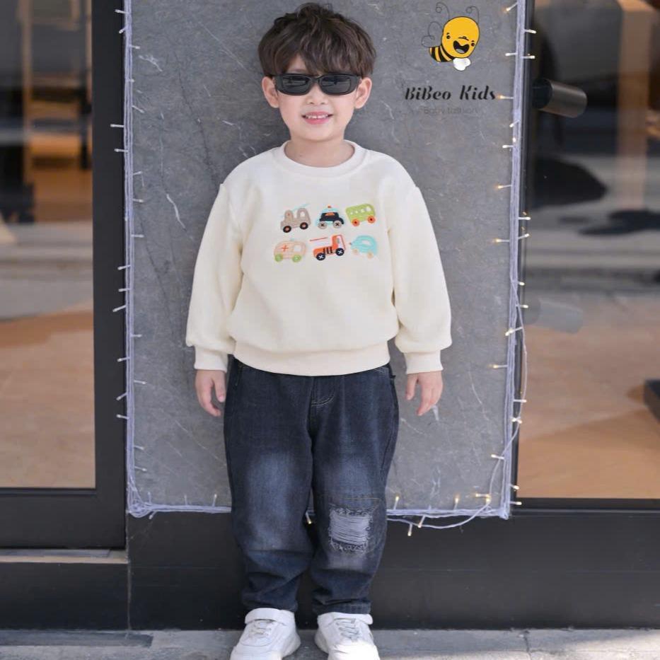 [BiBeo Kids] ÁO NỈ LÓT LÔNG NHUNG THÊU HÌNH Ô TÔ  cho bé trai, bé gái. Áo nỉ lót lông nhung