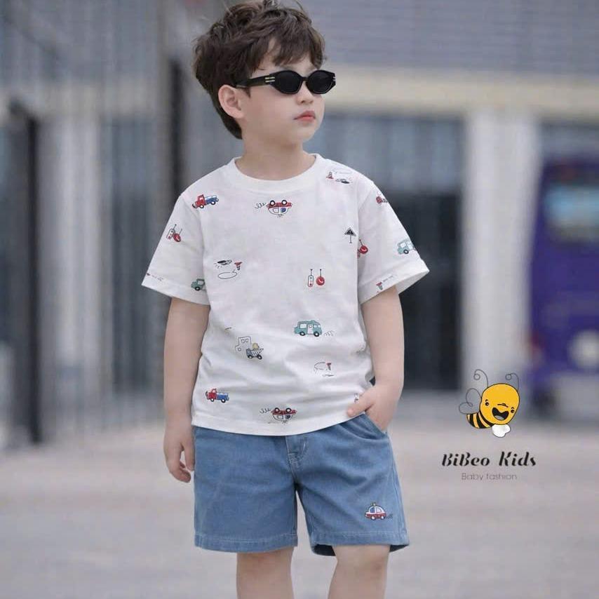 [BiBeo Kids]Bộ quần áo cộc tay BIỂN BÁO VÀ Ô TÔ quần Bò thêu áo chất COTTON 4 chiều siêu co giãn
