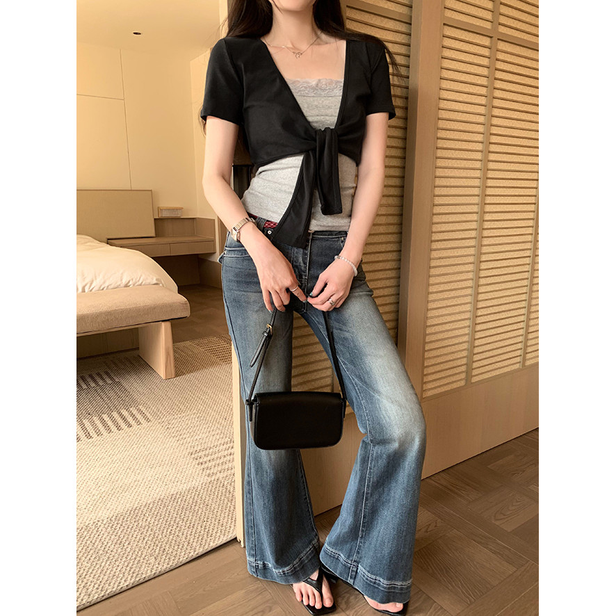 SUXI Áo thun buộc dây thiết kế thông thường nhẹ nhàng phong cách Hàn Quốc dành cho nữ mùa hè mới 260514