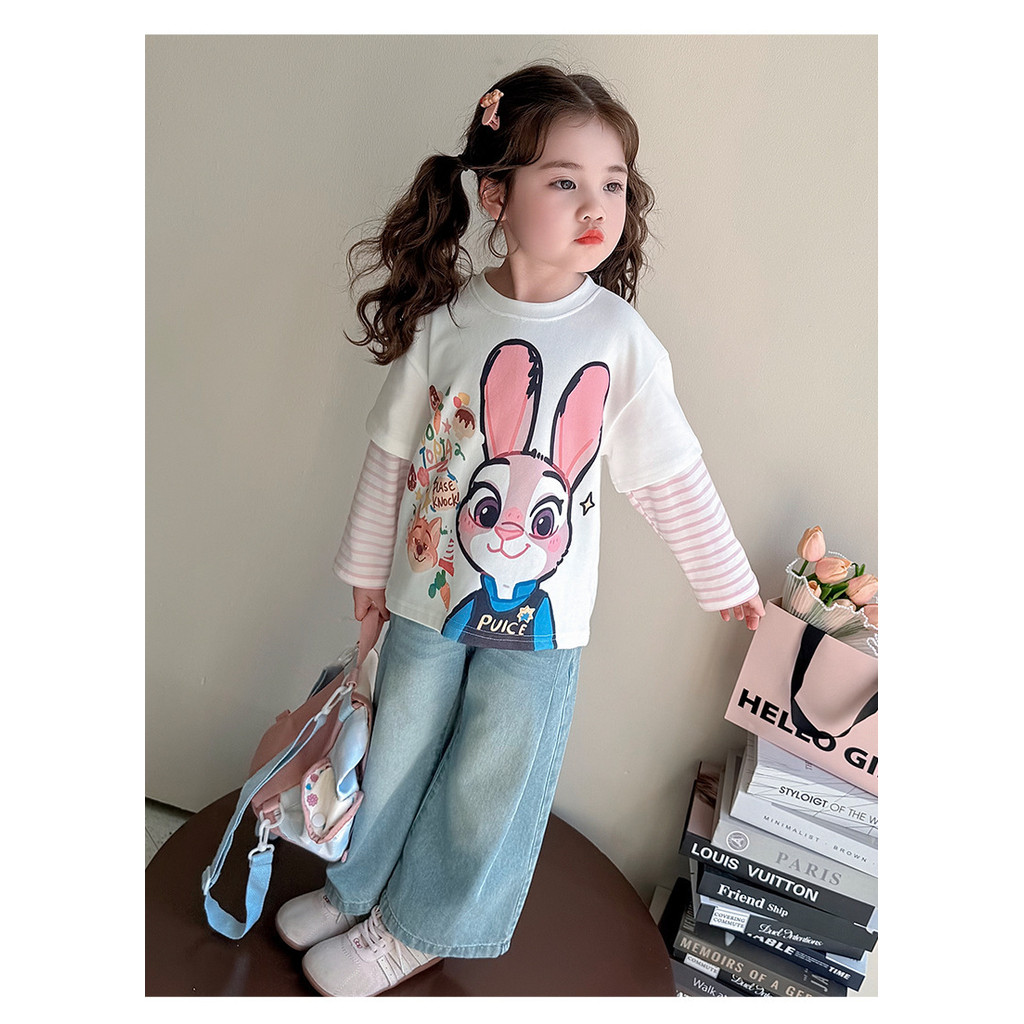 Áo thun hai mảnh hoạt hình cho bé gái Áo sơ mi đáy dài tay mùa xuân 90-140 Size HS6H