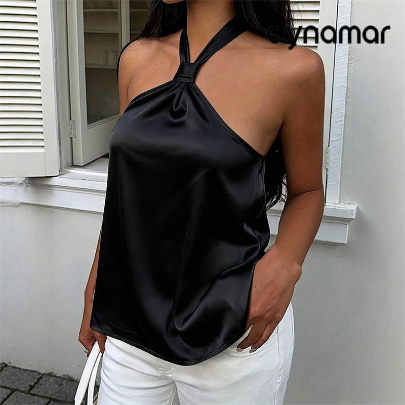 【dynamar】Áo vest gợi cảm chất liệu satin kiểu yếm dành cho nữ hở lưng buộc dây sành điệu thời trang