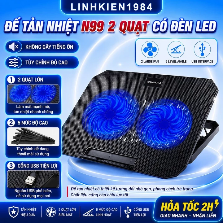 Đế Tản Nhiệt Laptop N99, Đế tản nhiệt 2 quạt có đèn LED, từ 13.3 đến 17 inch 2 fan chạy êm, hút mạnh làm mát cực nhanh