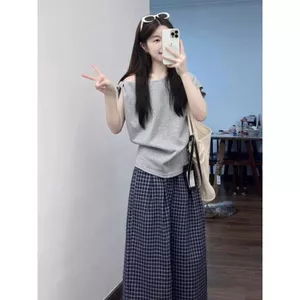Áo thun đeo vai chéo nhỏ thời trang mùa hè phong cách mới + Quần có viền nấm Bộ đồ hai mảnh