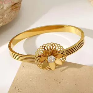 WEETW Vintage Vòng Tay Thanh Lịch, Vòng Tay Vòng Hoa Màu Vàng Thời Trang, Thanh Lịch Chống Thấm Nước Bằng Thép Không Gỉ Mở Cánh Tay Lắc Tay Đám Cưới