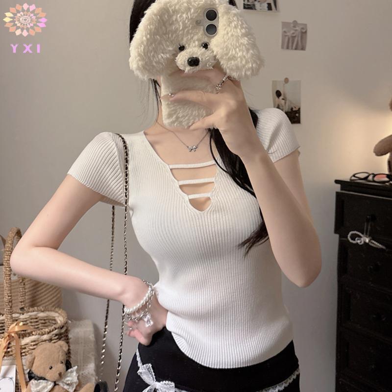 Y.X.I V-ne Ice Silk Áo Thun Tay Ngắn Mùa Hè Gợi Cảm Nữ Thường Ngày Màu Trơn Áo Mới