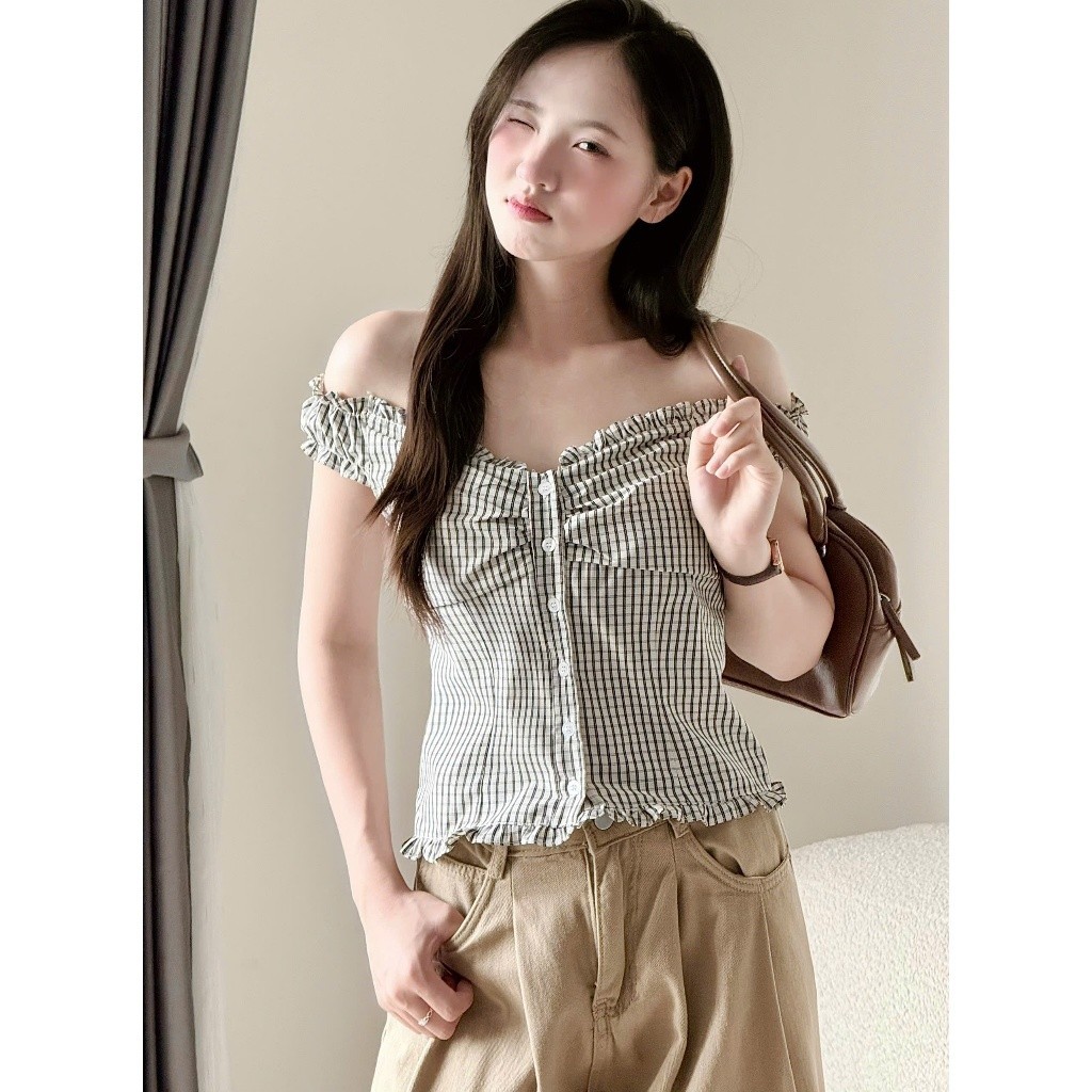 Áo kiểu body trễ vai viền bèo kẻ caro Miha Studio