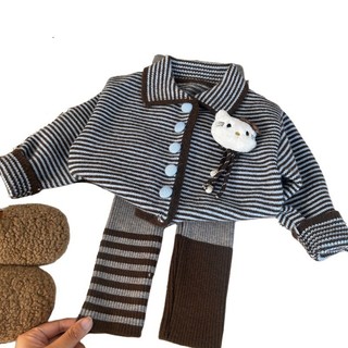 Phiên Bản Hàn Quốc Quần Áo Trẻ Em 2025 Phong Cách Mới Mùa Thu Bé Gái Sọc Dệt Kim Cardigan, Quần Legging Len Trẻ Em Hai Mảnh Bộ
