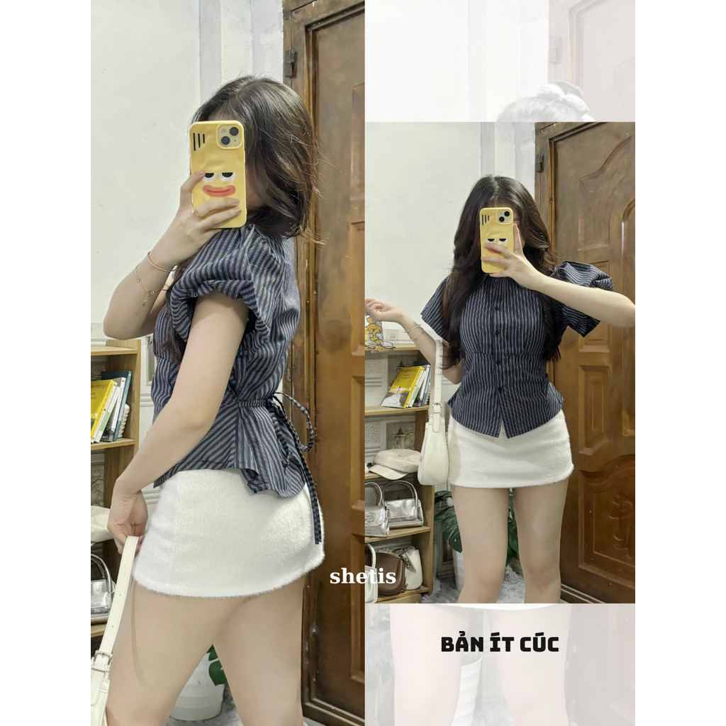 Áo Sơ Mi Kẻ Sọc 📷 𝐁𝐲 𝐒𝐡𝐞𝐭𝐢𝐬 Kiểu tay Bồng Phối Dây Buộc Chiết Eo, Sơ Mi Nữ Kẻ Kiểu Vintage_A532,A604