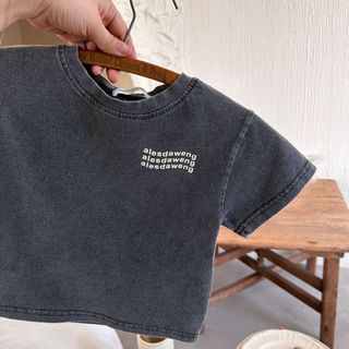 Bé Trai Rửa Nước Đau Khổ Đen Nguyên Chất Cotton Ngắn Tay Áo Thun Đẹp Trai In Chữ Nửa Tay Top