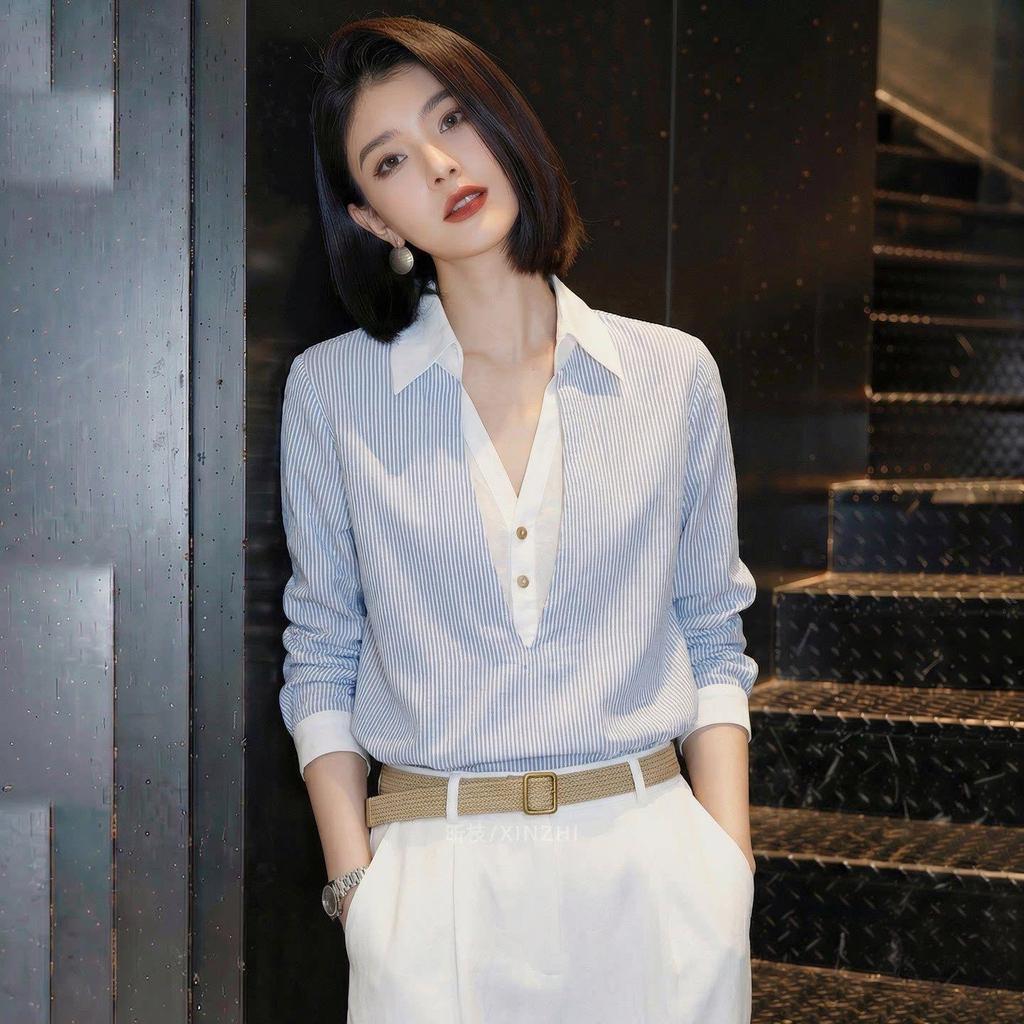 [Seckill có hạn trong thời gian] Áo sơ mi dài tay sọc siêu đẹp kiểu Pháp Quần áo mùa xuân nữ 2026 Phong cách mới Giả hai mảnh dáng ôm hơn