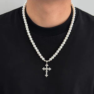Vòng cổ chéo ngọc trai giả Unisex - Hạt Lustrous + Mặt dây chuyền Gothic mạ bạc - Có thể điều chỉnh 51-60cm - Trang sức hàng ngày tối giản sang trọng