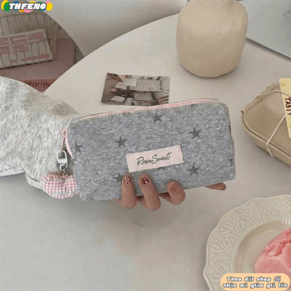 Bút chì Hàn Quốc THFENG, Túi đựng văn phòng phẩm ngôi sao màu xám di động, Túi rửa bút chì phong cách Ins có sức chứa lớn làm đẹp cao