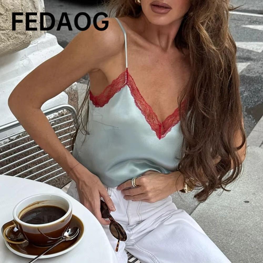 Áo hai dây hở lưng FEDAOG, Ren Viền Cổ chữ V sâu Dây đeo Spaghetti, Áo thun lụa Satin dây thời trang nữ mùa hè