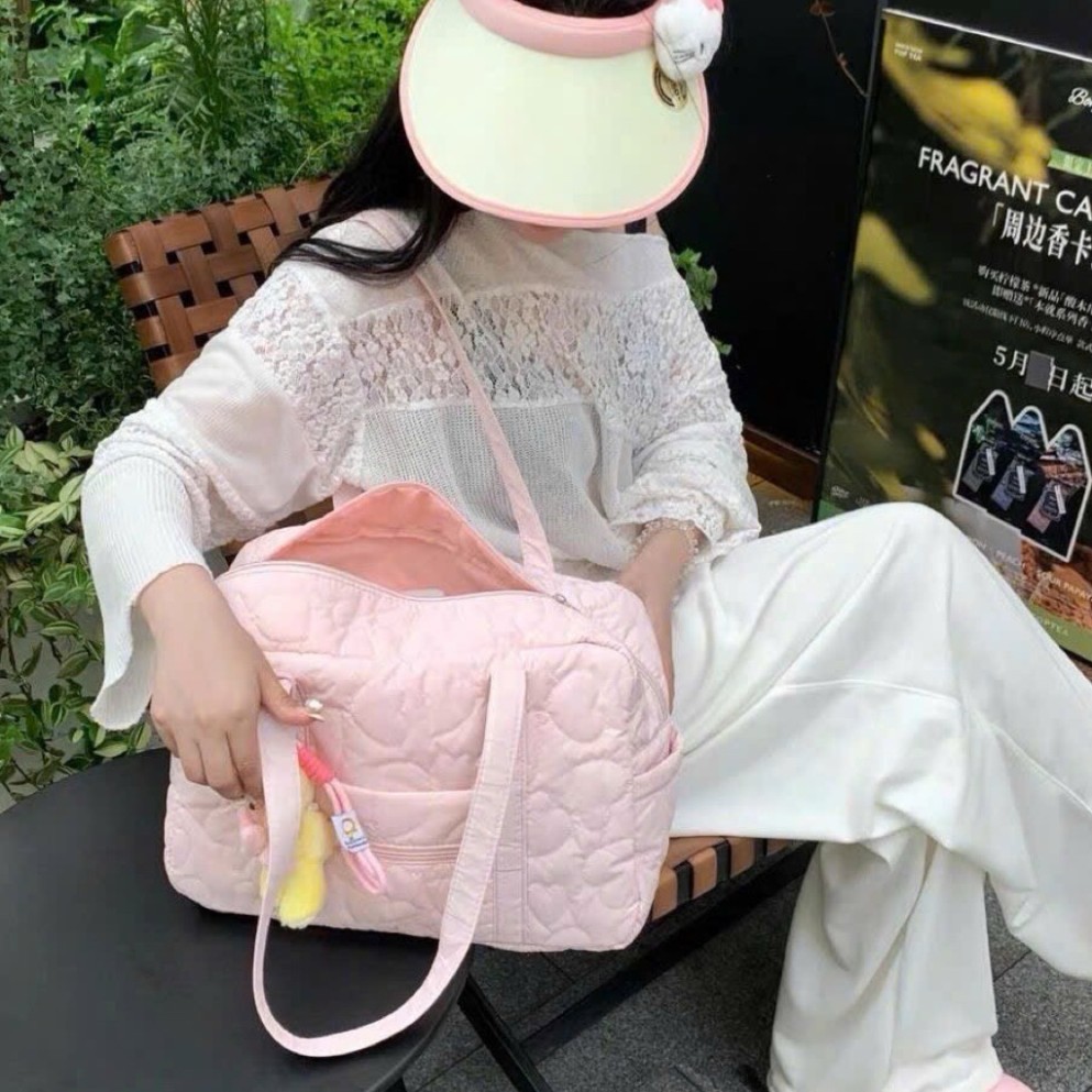 Túi du lịch chần bông màu hồng pastel ngọt ngào, túi đựng đồ dung tích lớn nhiều ngăn - 37x25x15cm