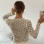 YUJUNI Nhìn xuyên thấu, Áo thun dài tay chấm bi thời trang, Vải mỏng cổ tròn gợi cảm Slim Fit Top mùa hè