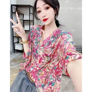 Ga Châu Âu Mùa Hè Phong Cách Mới Thời Trang Retro Hoa Tay Ngắn Rời Áo Sơ Mi Phong Cách Phương Tây Kim Cương Nóng Giảm Tuổi Top Nữ