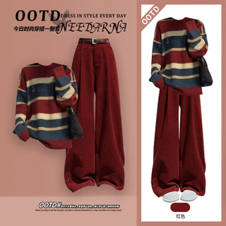 [Pre-Order]-Set 2 Món Thu Đông Phong Cách Hàn Quốc Áo Len Sọc Form Rộng Kết Hợp Quần Nhung Tăm Ống Rộng hàng quảng châu