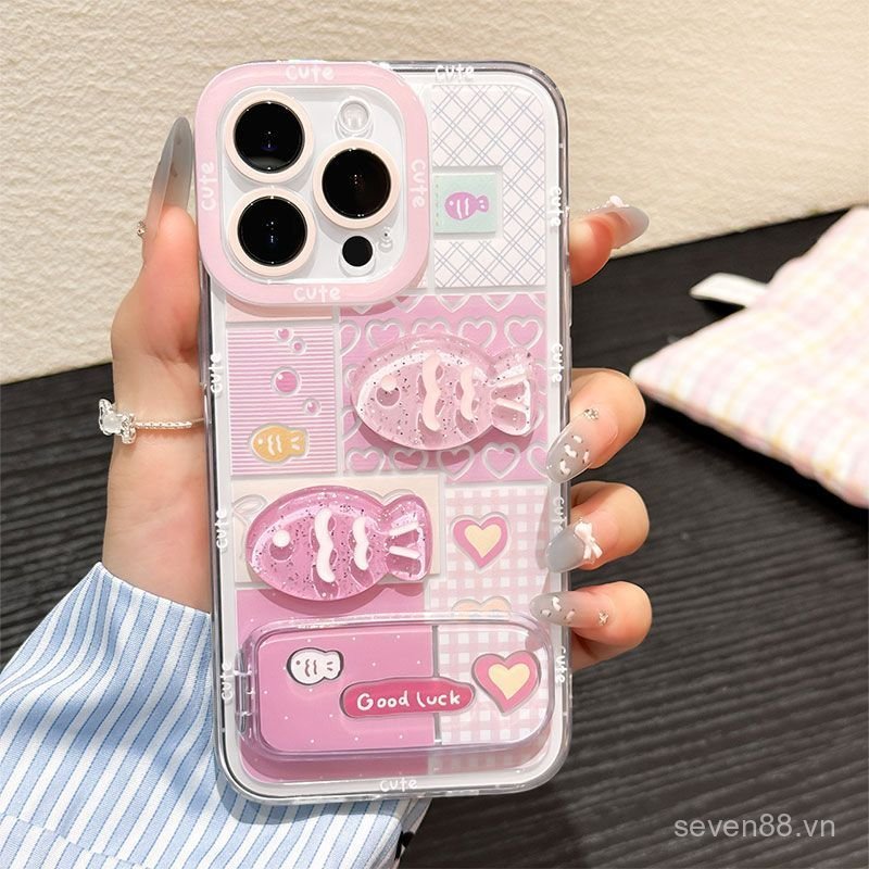 Ốp Điện Thoại Thích Hợp Cho iPhone 7 8 X XS XR XSMAX 11 12 13 14 15 16 17 Pro max Plus Air Blue Pink Grid Giá Đỡ Gương Cá Nhỏ Chống Sốc Vỏ Bảo Vệ Bao Gồm Tất Cả URR