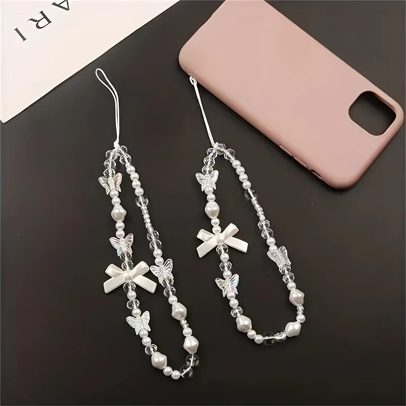 Hàn Quốc Ngọt Ngào Đáng Yêu Điện Thoại Dây Xích Bướm Nơ Hạt Quyến Rũ Treo Dây Chống Mất Camera Dây Đeo Túi Trang Trí