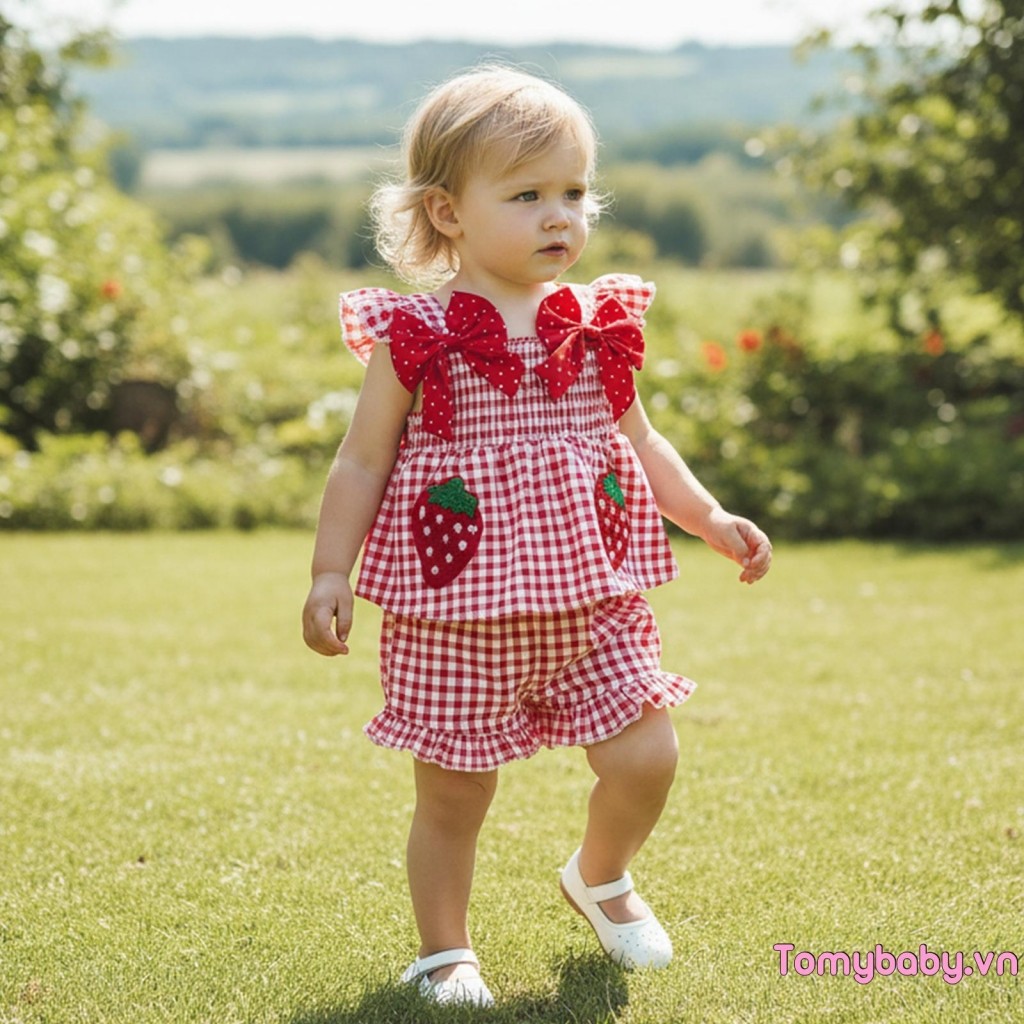 Bé Gái Trang Phục Mùa Hè Dâu Thêu Kẻ Sọc Nơ Xù Viền Xe Tăng Áo + Quần Short Bộ 2 Chiếc