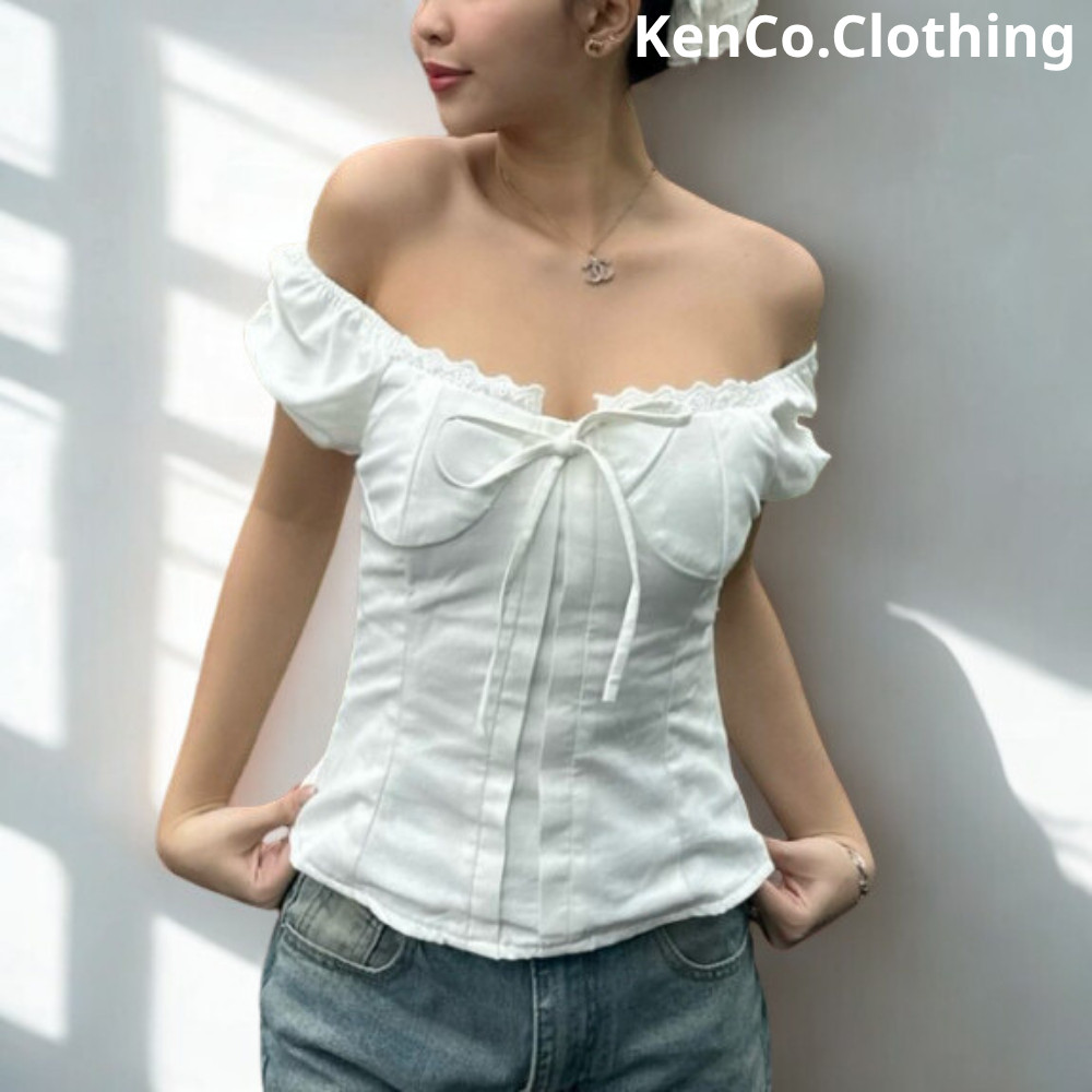 Áo babydoll nữ kiểu Linen tay phồng nơ ngực công chúa phong cách  M380