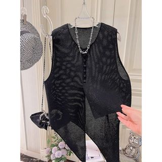 Thời Trang Mùa Hè Mỏng Không Đều Dệt Kim Áo Vest Nữ Thiết Kế Pháp Rỗng Rời Ngoài Top B