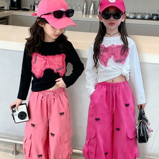 Set đồ Bé GáI HàN QuốC MớI: ÁO+QuầN DàI, Nơ CáCh đIệU, VảI ThoáNg Khí Set đồ Cho Bé GáI