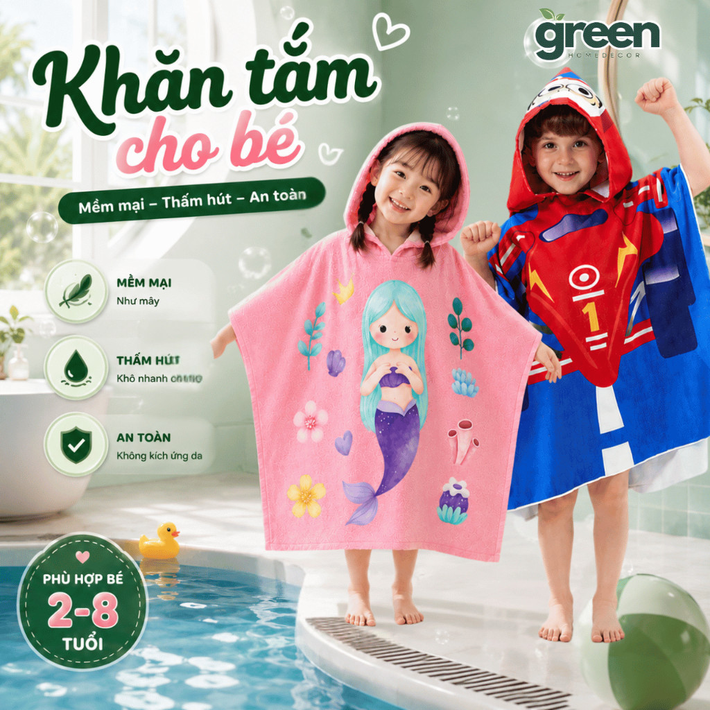 Áo Choàng Tắm Cho Bé Họa Tiết Hoạt Hình Richouse, Khăn Tắm Có Mũ Trùm Mềm Mịn Khô Nhanh