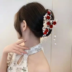 Cung Điện Lily Của Thung lũng Tua Rua Kẹp Phong Cách Trung Quốc Cao Cấp Sườn Xám Tóc Ánh Sáng Sang Trọng Màu Đỏ Kẹp Cưới