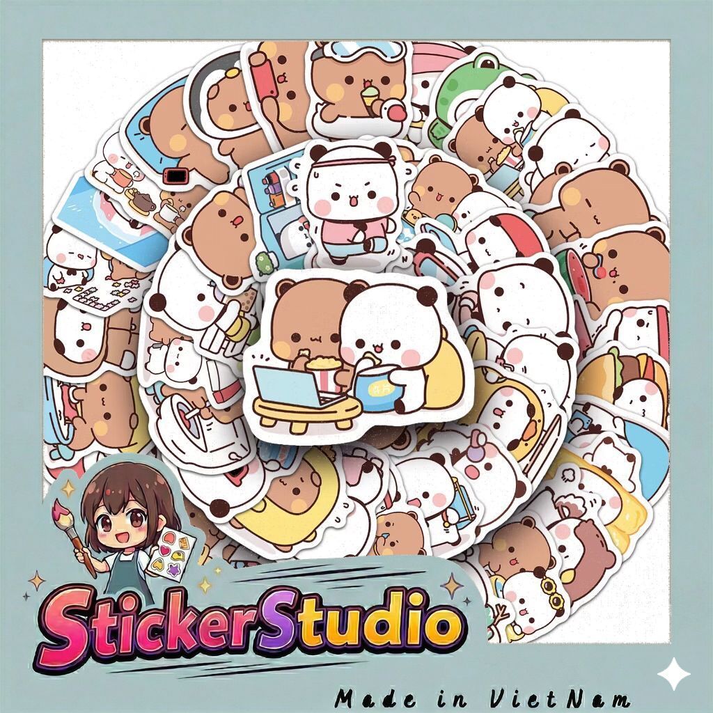 sticker bé gấu nâu trắng