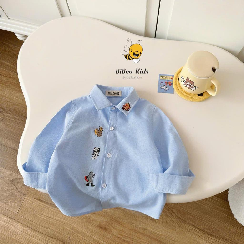 [BiBeo Kids] ÁO SƠ MI XANH THÊU HÌNH NGỘ NGHĨNH  cho bé trai, Áo sơmi dài tay cho bé trai