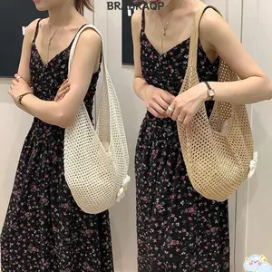 Túi đeo nách móc BRABRAA, Túi đeo vai thủ công dung tích lớn, Túi lưới dệt kim rỗng thông thường dành cho nữ Quà tặng bé gái