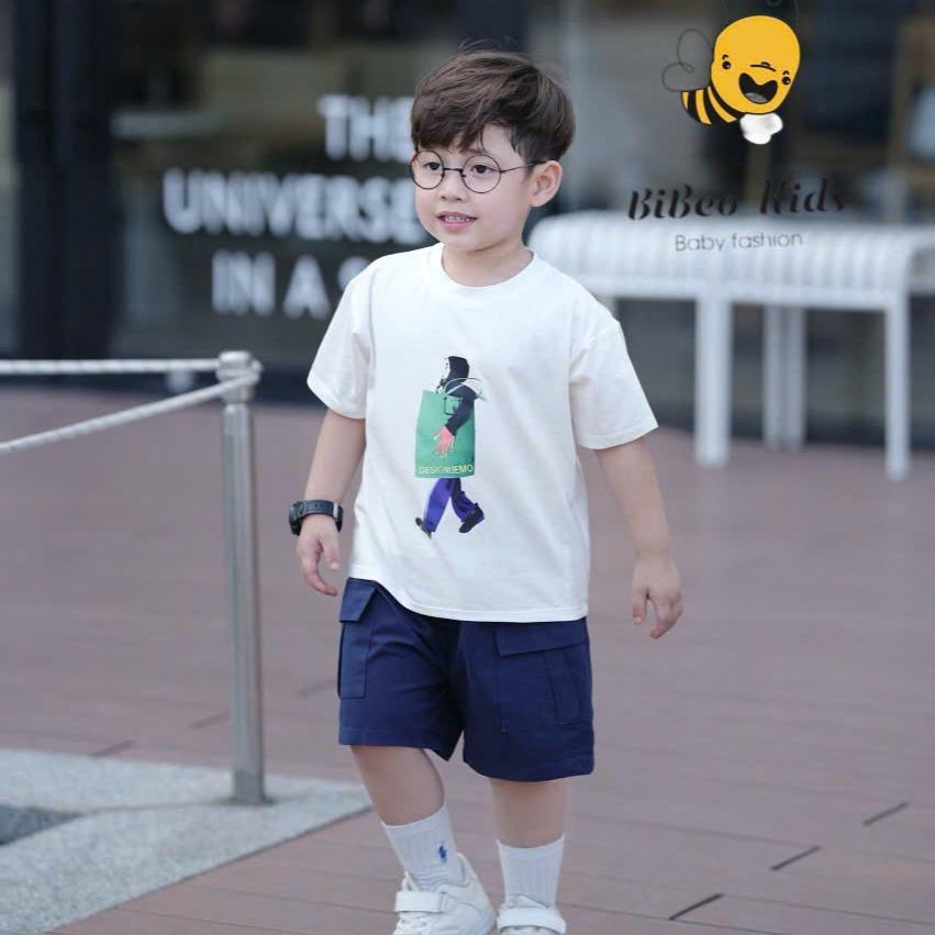 Bộ quần áo IN DESIGNUEMO quần Kaki xanh than túi hộp cho bé trai , Quần áo chất COTTON mềm thoải mái cho bé