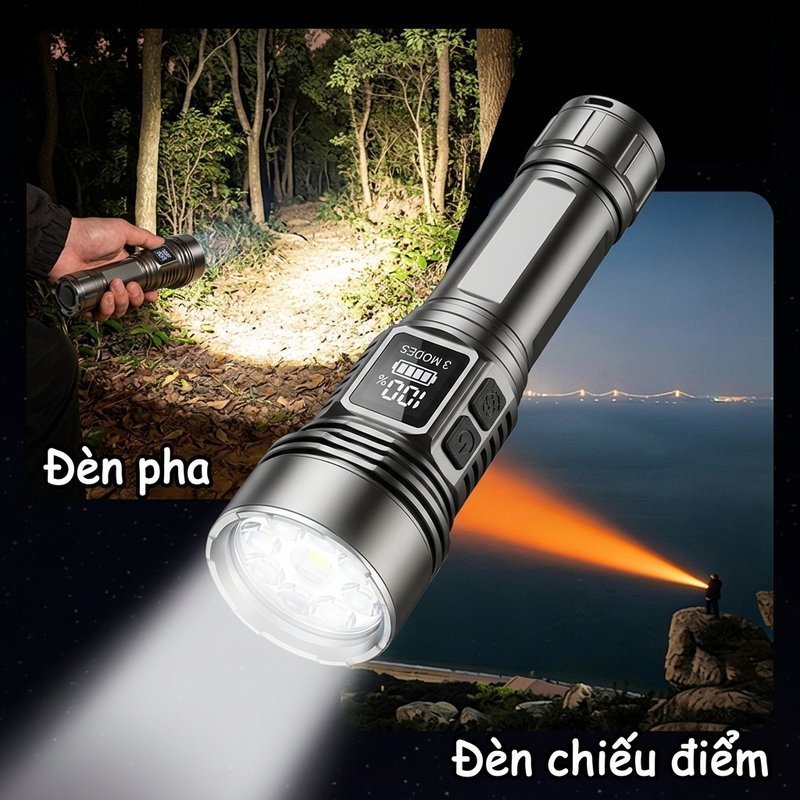 Đèn pin siêu sáng, chống nước IPX7, sạc nhanh USB, thời lượng pin dài, kích thước nhỏ gọn, dễ mang theo, bền bỉ.