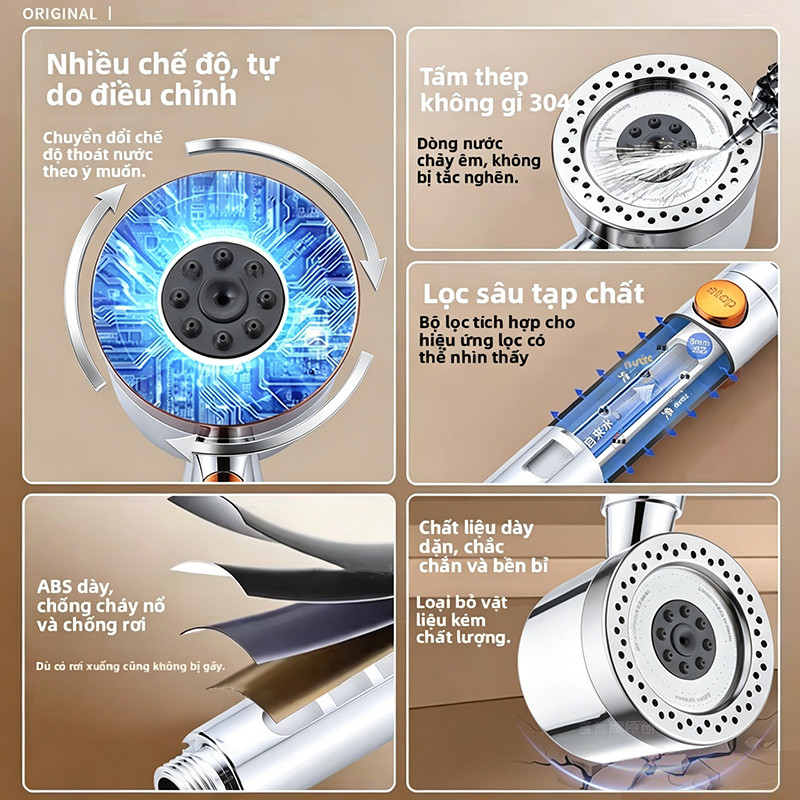 Bộ vòi sen tăng áp bằng thép không gỉ 304, 6 chế độ, bao gồm ống mềm và đế, lõi lọc cao cấp
