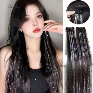 Phần mở rộng tóc tổng hợp DELMER, Mũ nón bé gái lấp lánh lấp lánh sáng bóng Tinsel, Dụng cụ bện tóc Fluffy liền mạch Dazzles Long Straight Hairpieces Nữ
