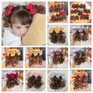 DELMER 2 Chiếc Nơ Trẻ Em Tóc Giả, Kẹp Tóc Giả Cho Bé Công Chúa Lông Tơ, Phụ Kiện Tóc Xoăn Dễ Thương Trẻ Em Mũ Nơ Kẹp Tóc Dự Tiệc