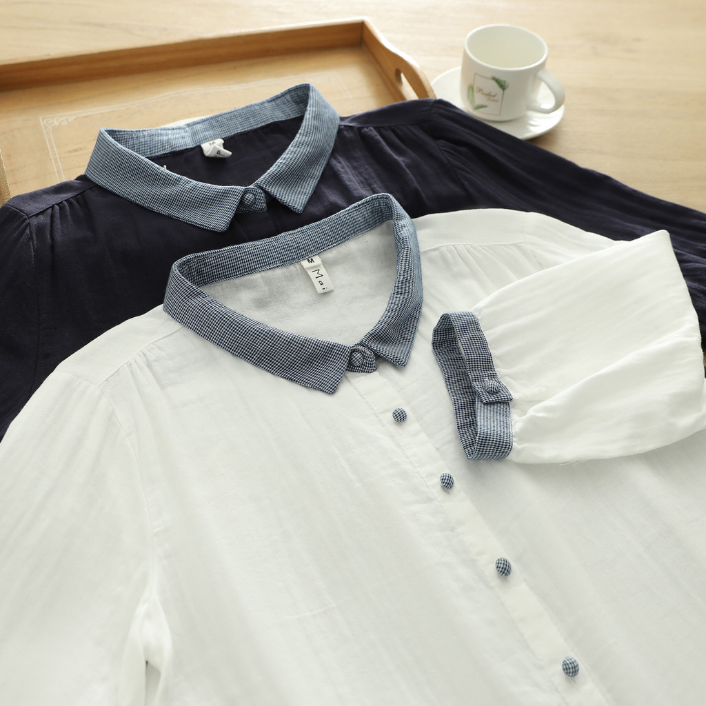 [Sẵn Sàng] Áo Sơ Mi Nữ 100% Sợi Cotton Cao Cấp Mùa Hè 2026 Mới Kẻ Sọc Nối Cổ Áo Sơ Mi Giữa Tay