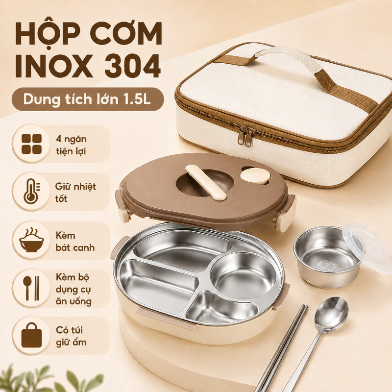 Hộp Cơm Inox 304, Dung Tích Lớn 1.5L, 4 Ngăn, Giữ Nhiệt, Kèm Bộ Dụng Cụ Ăn Uống, Bát Canh, Túi Giữ Ấm