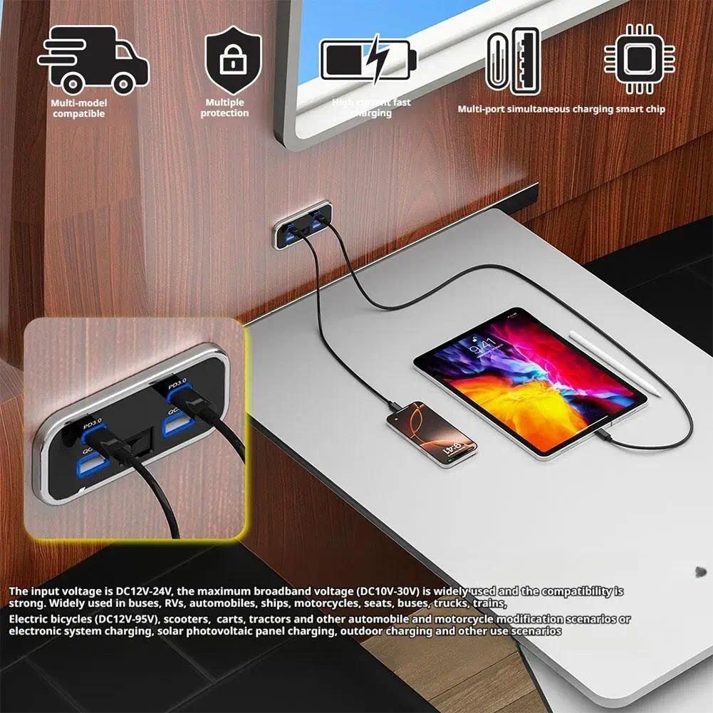 [Sẵn Sàng] Bộ Sạc Xe Hơi Dual USB Type-C 4 Cổng Sạc Nhanh QC3.0 + PD3.0 Bộ Chuyển Đổi Nguồn Cho SUV RV Cắm Trại Bus Marine
