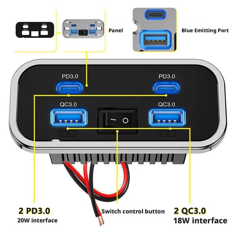 [Sẵn Sàng] Bộ Sạc Xe Hơi Dual USB Type-C 4 Cổng Sạc Nhanh QC3.0 + PD3.0 Bộ Chuyển Đổi Nguồn Cho SUV RV Cắm Trại Bus Marine