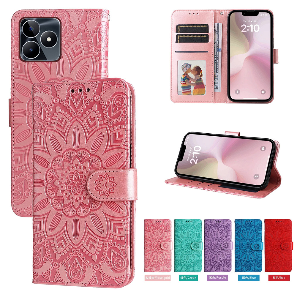 Ví da từ tính Flip Case cho Realme C51 C53 C51S C60 Realme Note 50 Vỏ điện thoại hoa hướng dương dập nổi