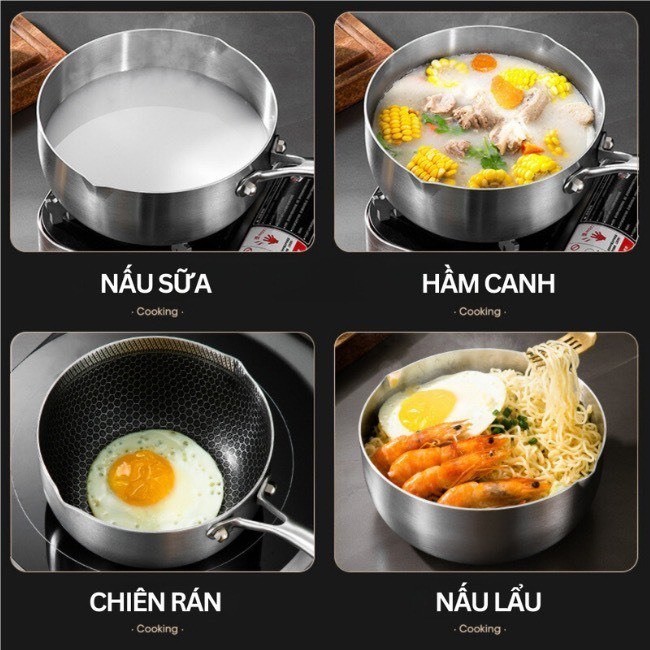 Chảo Chống Dính Vân Tổ Ong Sâu Lòng Chất Liệu Inox 316 Đường Kính 18cm Dùng Cho Mọi Loại Bếp, Chống Xước Chống Gỉ
