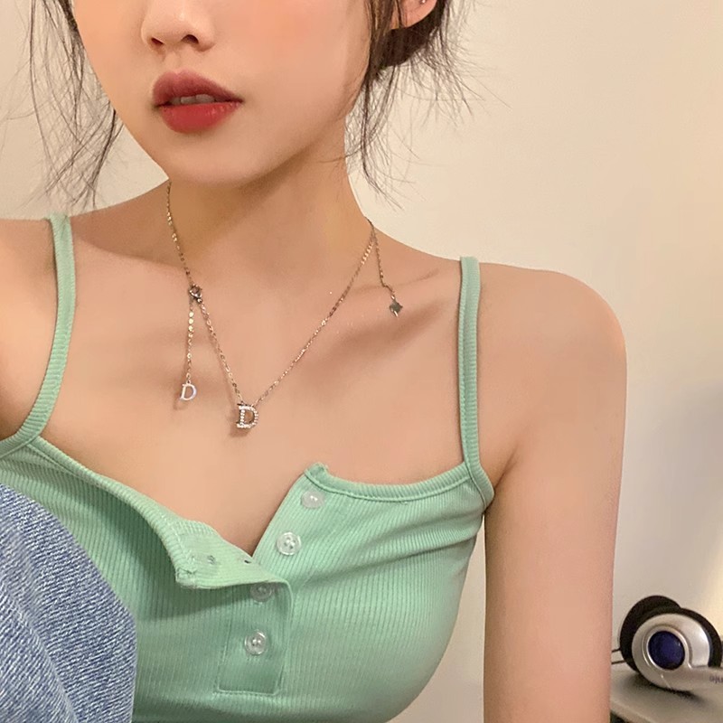 Phụ kiện vòng cổ dây chuyền thép titan hình chữ D dài, phù hợpstyle thời trang nữ