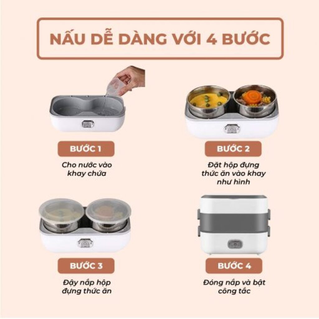 Hộp Cơm Cắm Điện Văn Phòng 2 Tầng 4 Bát Inox Hâm Nóng, Giúp Giữ Nhiệt, Nấu Chín Thức Ăn Tiện Lợi