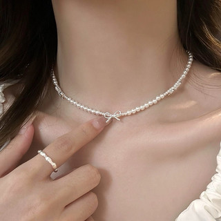 Vòng cổ bạc nơ ngọc trai phong cách Hàn Quốc sang trọng